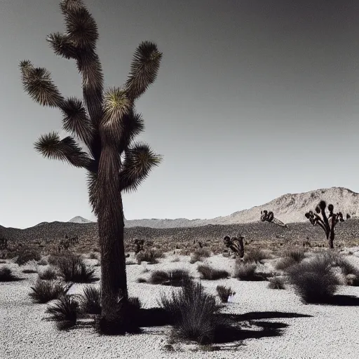 Image similar to A photo of an alien in a desert, standing next to a Joshua Tree. Grainy Photography.