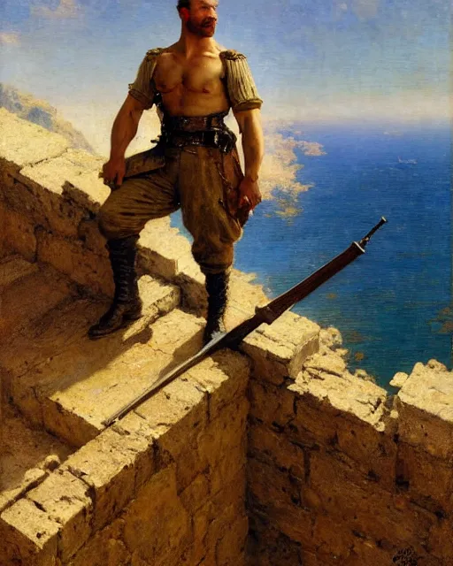 Prompt: muscular, rugged german soldier watches the horizon from on top of a castle wall, painting by gaston bussiere, craig mullins, j. c. leyendecker