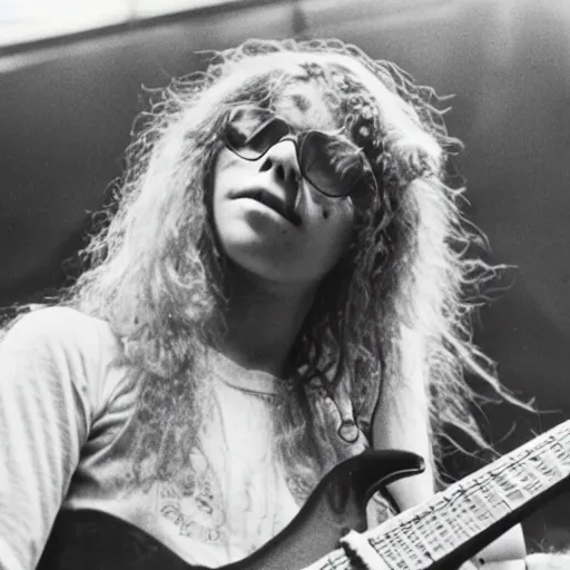 Prompt: 19-year-old woman holding electric guitar, long shaggy blonde hair, permed hair, stoner rock concert, proto-metal concert, live in concert, concert quality, concert footage, 1973, 8mm photography