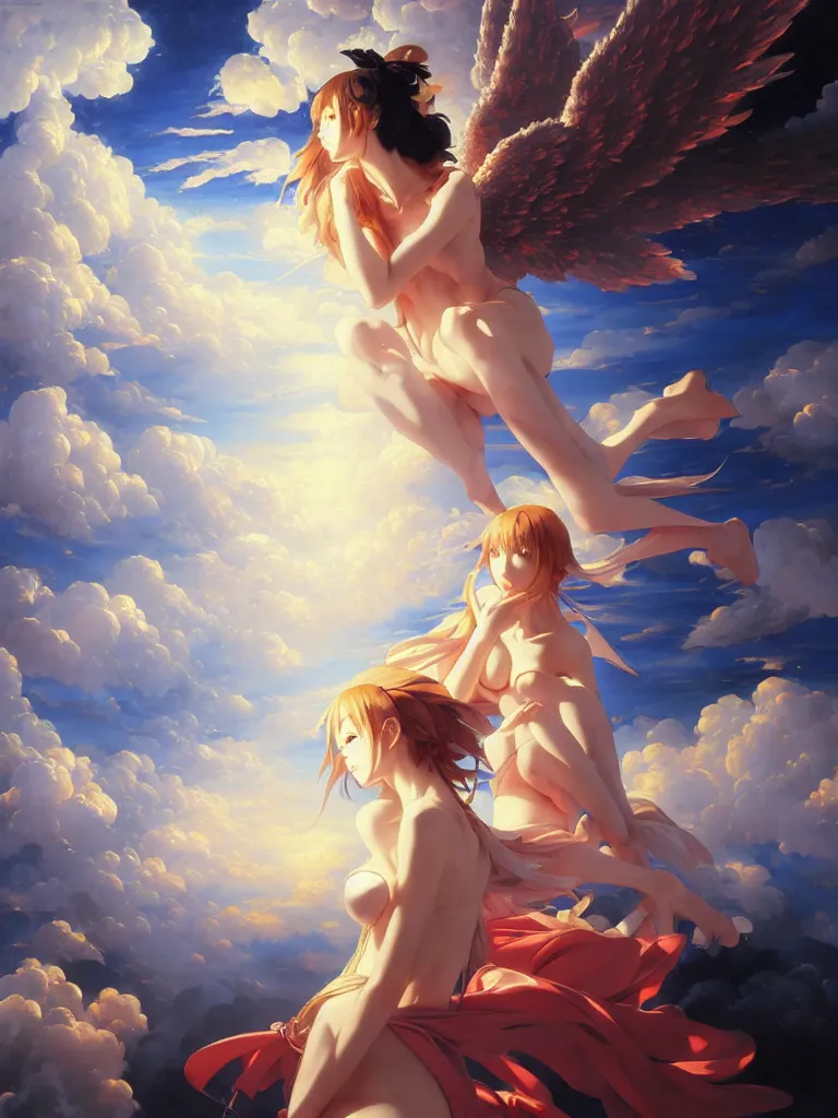 Prompt: baroque oil painting of key visual victoria secret angels, clouds, brutalist fantasy, rule of thirds golden ratio, fake detail, trending pixiv fanbox, acrylic palette knife, style of makoto shinkai takashi takeuchi yoshiyuki sadamoto