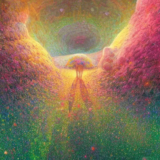 Image similar to psychedelic road trip lush pine forest, outer space, milky way, designed by arnold bocklin, jules bastien - lepage, tarsila do amaral, wayne barlowe and gustave baumann, cheval michael, trending on artstation, star, sharp focus, colorful refracted sparkles and lines, soft light, 8 k 4 k