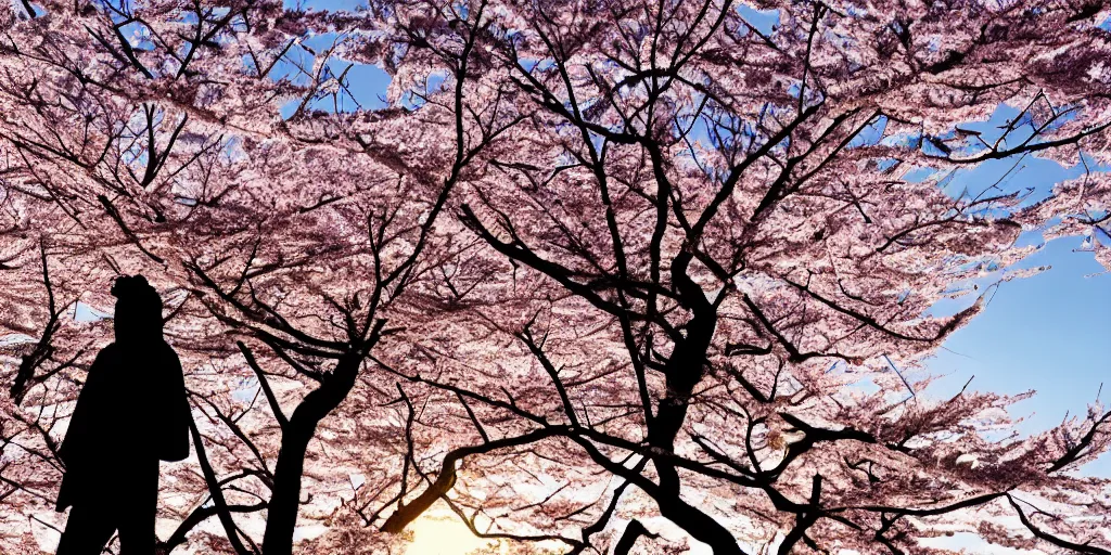 Prompt: A silhouette of a samurai holding a dadao sword, standing on a Hill with a single cherry blossom tree, cinematic shot, digital art, japanese Fields, japanese architecture faraway, wide shot, dramatic, peaceful, wide shot