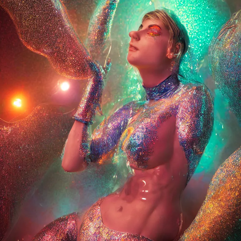 Image similar to octane render portrait by wayne barlow and carlo crivelli and glenn fabry, a woman wearing a clear plastic inflated suit full of colorful thick fluid full of glitter, inside an underground soviet dance club, fog and atmospheric lighting, light beams, cinema 4 d, ray traced lighting, very short depth of field, bokeh