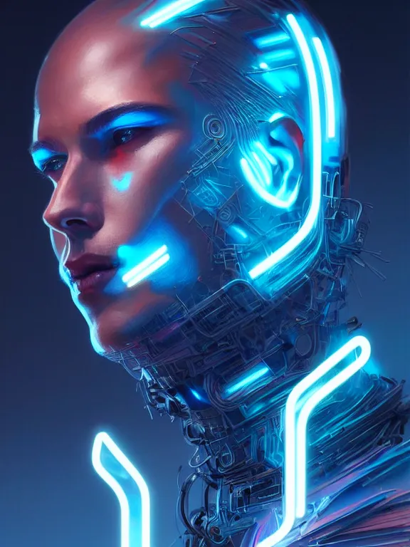 Prompt: portrait of male humanoid, intricate, masculine, cyber neon lights, highly detailed, digital photography, artstation, stylish pose, concept art, smooth, sharp focus, illustration, art by artgerm and greg rutkowski