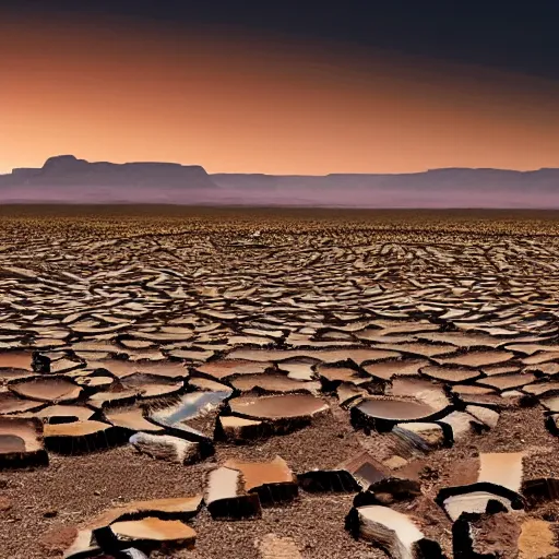 Prompt: a desolate arid landscape with pillars of banded agate reaching the sky