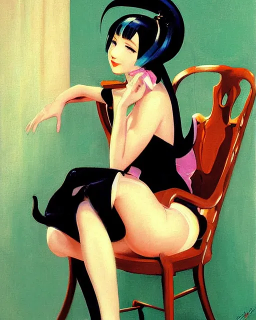 Prompt: A very beautiful painting of hatsune Miku sitting on the chair by Enoch Bolles and Gil Elvgren