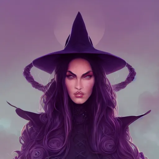 Image similar to an insanely detailed portrait of a beautiful witch that looks like megan fox with long dark purple hair, wearing black witch hat, in the style of peter mohrbacher, artgerm, dramatic lighting and composition, octane render, trending on artstation, concept art 8 k