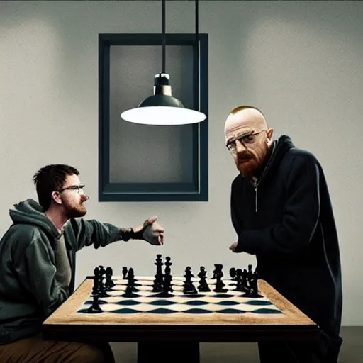 Image similar to Walter white and Jesse pinkman play chess, dark room, large fireplace 8k realistic