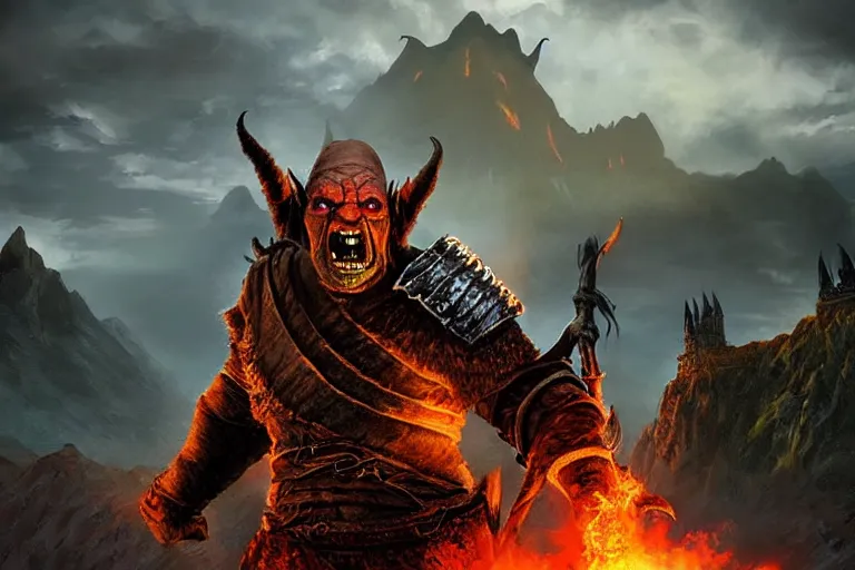 Image similar to orc, mordor, fantasy, painting, ultra realistic!!!, clear weather, golden hour, sharp focus