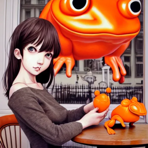 Image similar to a French girl in a café with a giant orange frog. insanely and epically detailed supreme-quality color ink pen artwork, amazingly composed image, illustrated by Range Murata and Artgerm.