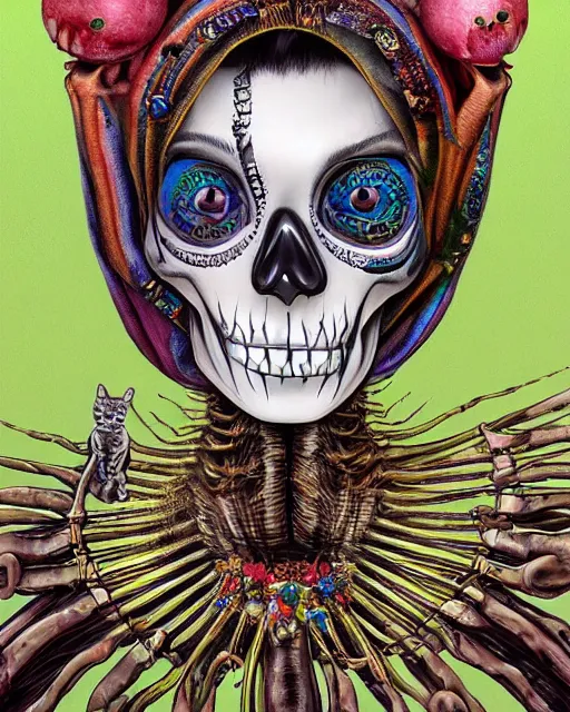 Prompt: a surrealistic head and shoulder painting of a gorgeous female skeleton with cat eyeballs and lipstick and hoodie, in the style of patrick woodroffe, digital art, detailed masterpiece
