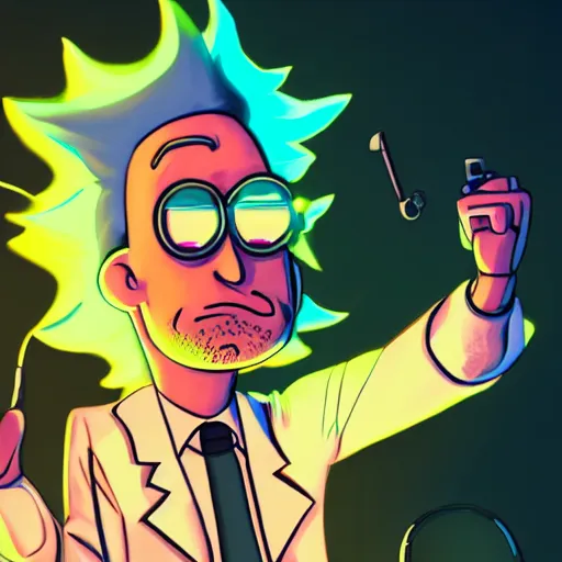 Image similar to portrait art of rick sanchez, rick and morty, lab coat and tee shirt, lens flare, atmosphere, glow, detailed, intricate, full of colour, cinematic lighting, 4 k, hyperrealistic, focused, extreme details, cinematic, masterpiece