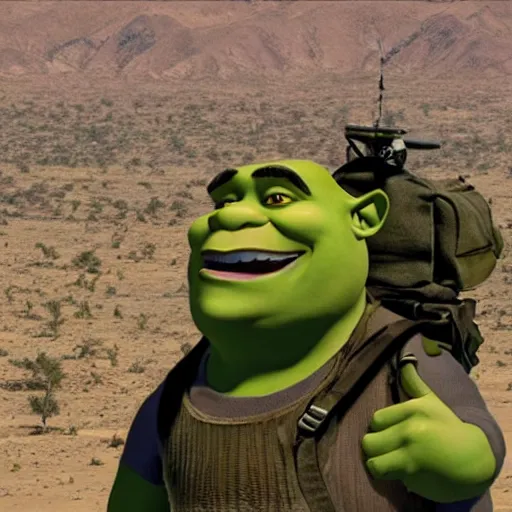 Image similar to shrek jumps out of a military aircraft in camo uniform into the desert with a parachute