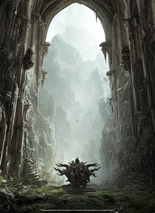 Image similar to a medieval adventurer in lord of the rings scenery landscape, inside an enormous overgrown cathedral made of stone dragons, portal to another dimension in the sky, highly detailed, cinematic lighting, perfect composition, 4 k, gustave dore, derek zabrocki, greg rutkowski, belsinski, octane render