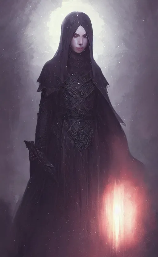 Prompt: Portrait of an aasimar in a black cloak with glowing eyes, detailed face, fantasy, highly detailed, cinematic lighting, digital art painting by greg rutkowski