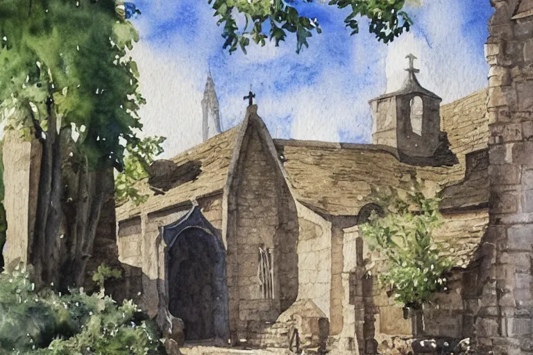 Prompt: a detailed watercolor painting of darth vader leaving a medieval church in a quaint english village, landscape, trees