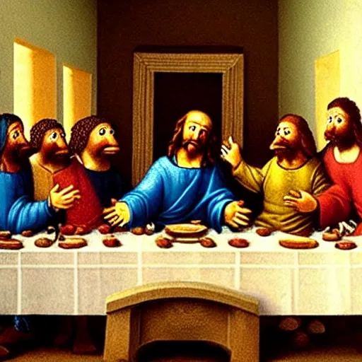Image similar to high quality ,the last supper but with charaters from the Muppets ,in leonardo da vinci style