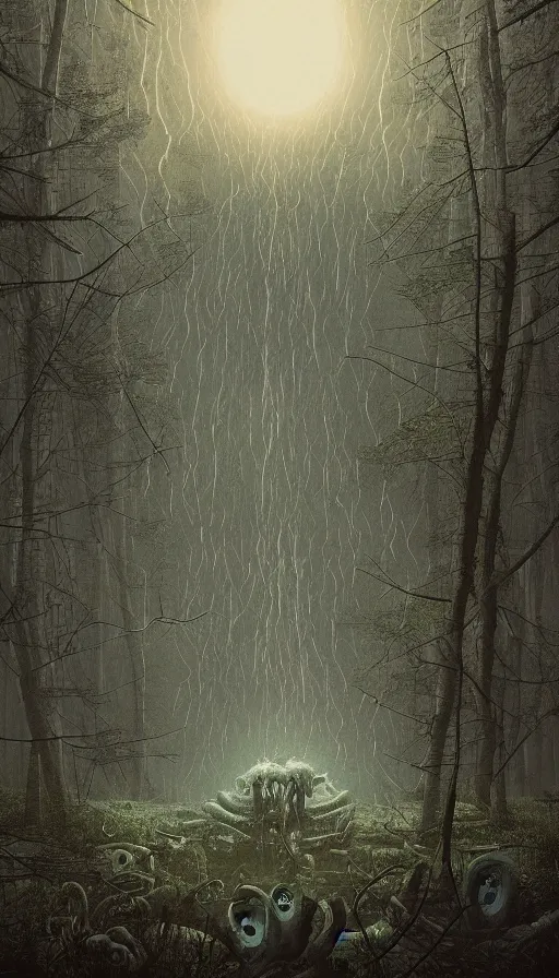 Image similar to a storm vortex made of many demonic eyes and teeth over a forest, by beeple