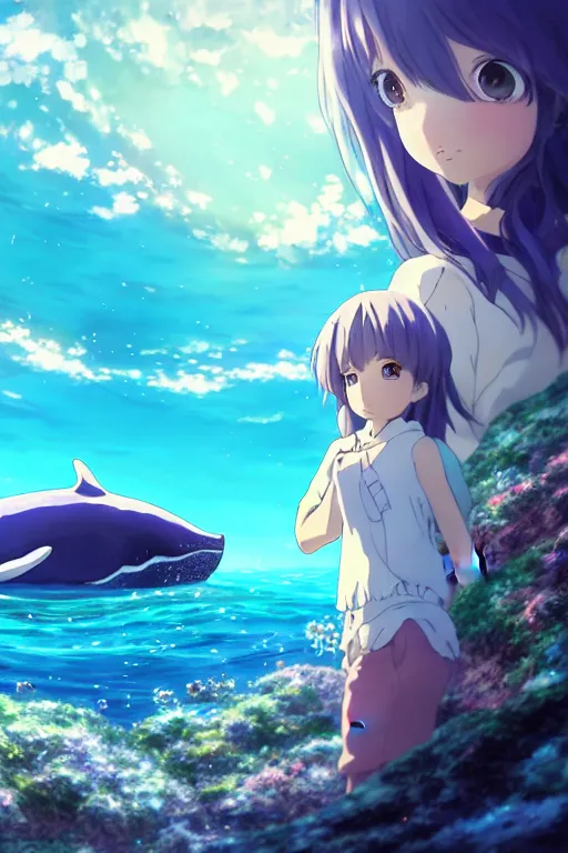 Image similar to a panorama view under the water, anime art full body portrait character concept art, hyper detailed cg rendering of a cute girl and whale, anime key visual of children of the sea, finely detailed perfect face, style of raphael lacoste, makoto shinkai, violet evergarden, studio ghibli, james jean, hayao miyazaki, extremely high quality artwork