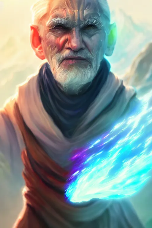 Image similar to a human elemental sorcerer, mountainous setting, colorful magic effects, white skin, portrait, old man, sharp focus, digital art, concept art, trending on artstation, dynamic lighting, by emylie boivin