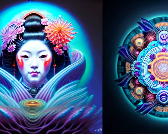 Image similar to a headshot of a geisha offset in the frame, surrounded by fractals, mandalas, cherry blossoms, hadron collider technology, metal gears, swirling bioluminescent energy, art by peter mohrbacher and dan mumford, 8 k octane render, hyperrealistic, zbrush, cinema 4 d