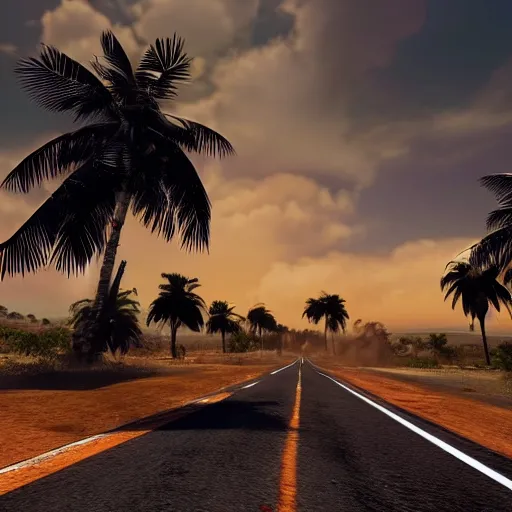 Image similar to far cry car leaking black tar chaotic intensive apocalyptic adrenaline anger oil black tar landscape wasteland miami desert landscape natural disasters sunset palm trees landscape