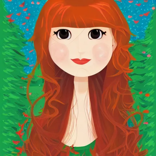 Image similar to portrait of a red haired girl softly smiling among fireflies, with long hair, green eyes, round face, hint of freckles, colorful pixel art