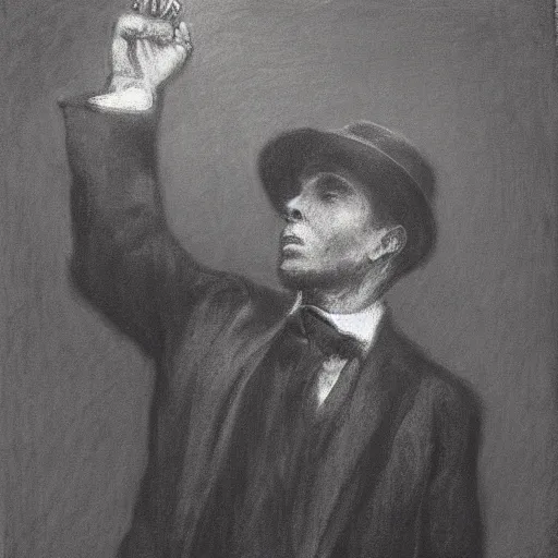 Prompt: portrait of an action hero in suit and tie, raising his hand to summon a blinding light, by alfred stevens in charcoal