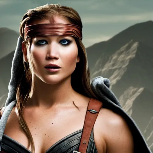 Prompt: first photos of 2 0 2 4 female conan remake - muscular jennifer lawrence as conan, put on 1 0 0 pounds of muscle, looks different, steroids, hgh, ( eos 5 ds r, iso 1 0 0, f / 8, 1 / 1 2 5, 8 4 mm, postprocessed, crisp face, facial features )