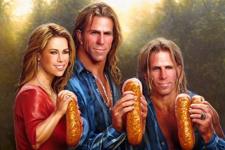 Prompt: portrait of wwf shawn michaels and queen elizabth sharing hotdogs, an oil painting by ross tran and thomas kincade