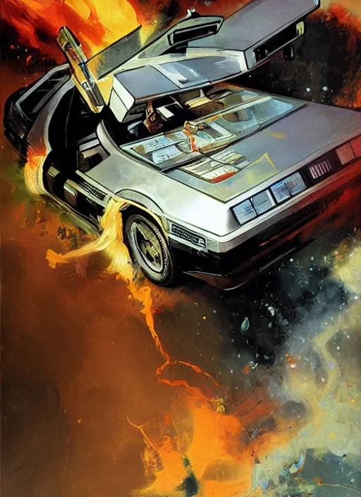 Prompt: doc brown in delorean from back to the future, flying, painting by phil hale, fransico goya,'action lines '!!!, graphic style, visible brushstrokes, motion blur, blurry, visible paint texture, crisp hd image