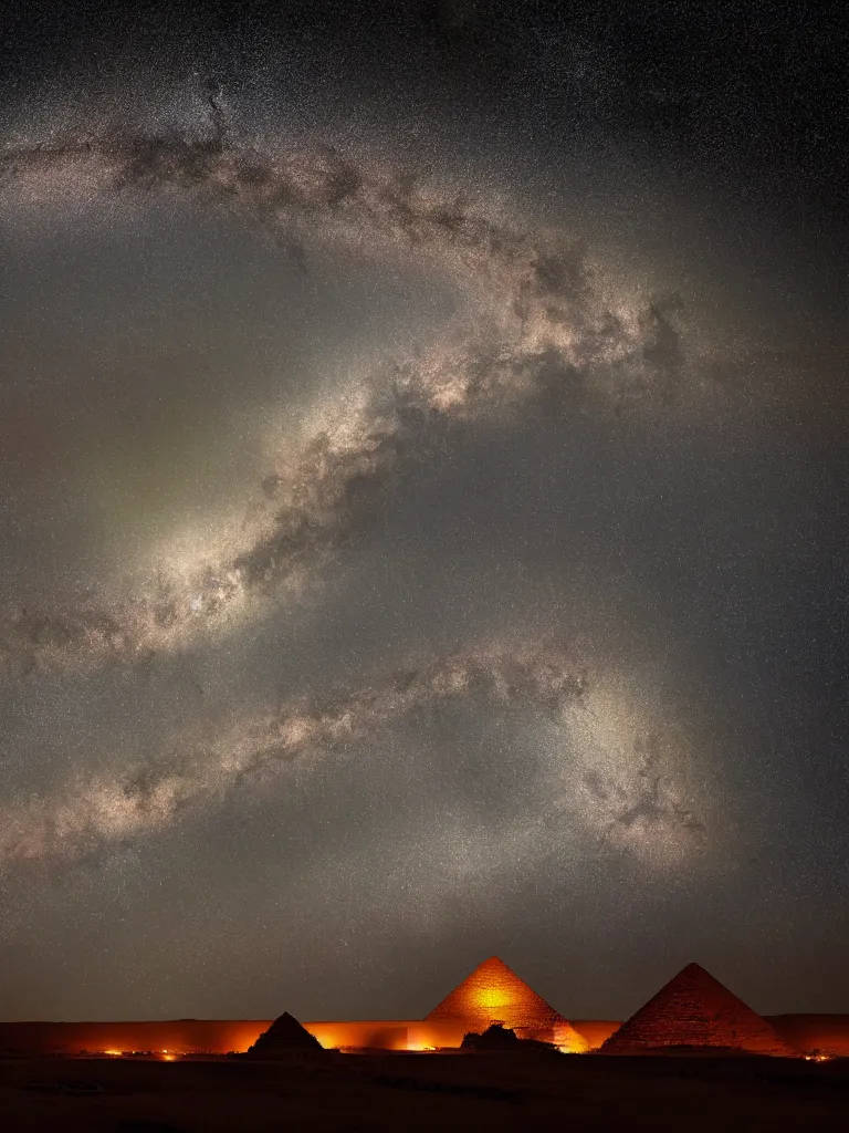 Prompt: alien mothership hovering over egypt pyramids hyperrealistic dark tones bright night milky way visible