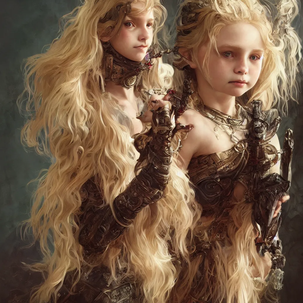 Image similar to portrait of a blonde vampire girl, child, freckles, smiling, messy curly hair, dark leather armor, sword, intricate and very beautiful and elegant, highly detailed, digital painting, artstation, concept art, smooth and sharp focus, cg by tian zi and wlop and alphonse mucha