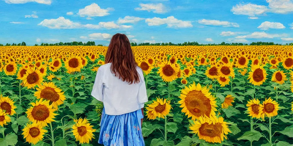 Image similar to painting of a girl standing in a field of sunflowers with blue sky above