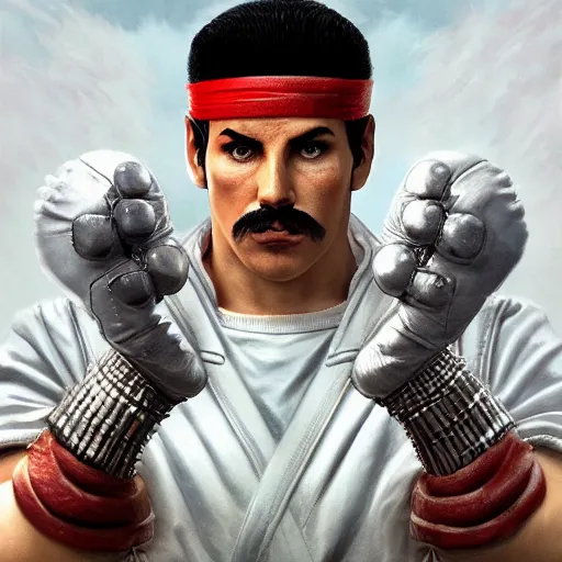 Image similar to freddy mercury as ryu street fighter, full body shot, face detail, ultra realistic, concept art, intricate details, highly detailed, photorealistic, octane render, 8 k, unreal engine, art by frank frazetta, simon bisley, brom