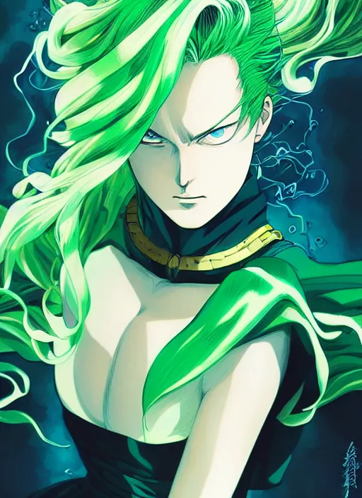 Prompt: style artgerm, joshua middleton, tatsumaki one punch man with green dress, very long blue hair, swirling water swirling, symmetrical face, symmetrical eyes, steampunk cyberpunk,, cinematic lighting