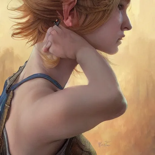 Image similar to an epic fantasy comic book style portrait painting of a young blonde girl with pixie haircut wearing plain tank top, confident, fantasy, intricate, elegant, highly detailed, digital painting, artstation, concept art, matte, sharp focus, illustration, art by artgerm and greg rutkowski and alphonse mucha