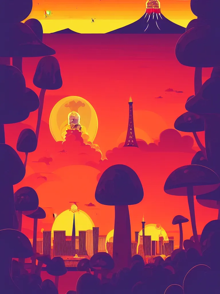 Prompt: a travel poster illustration depicting las vegas with a mushroom cloud in the background at sunset, vintage style, detailed illustration, digital painting, vector art, trending on artstration, trending on behance, by anton fadeev, by alena aenami, by makato shinkai