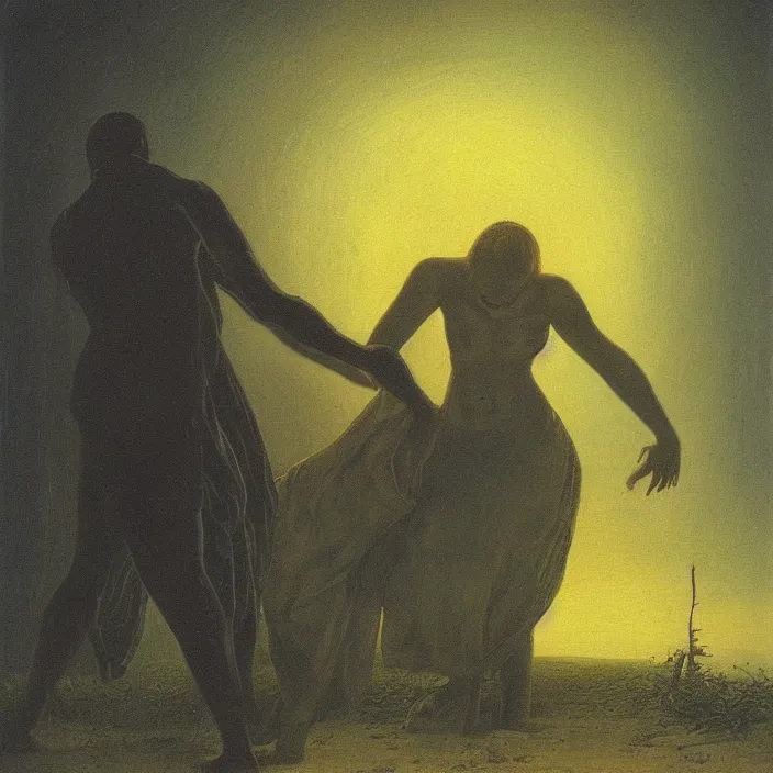 Image similar to painting of a woman grabbing the soul of a dark - skinned man by caspar david friedrich, at night, eerie, supernatural
