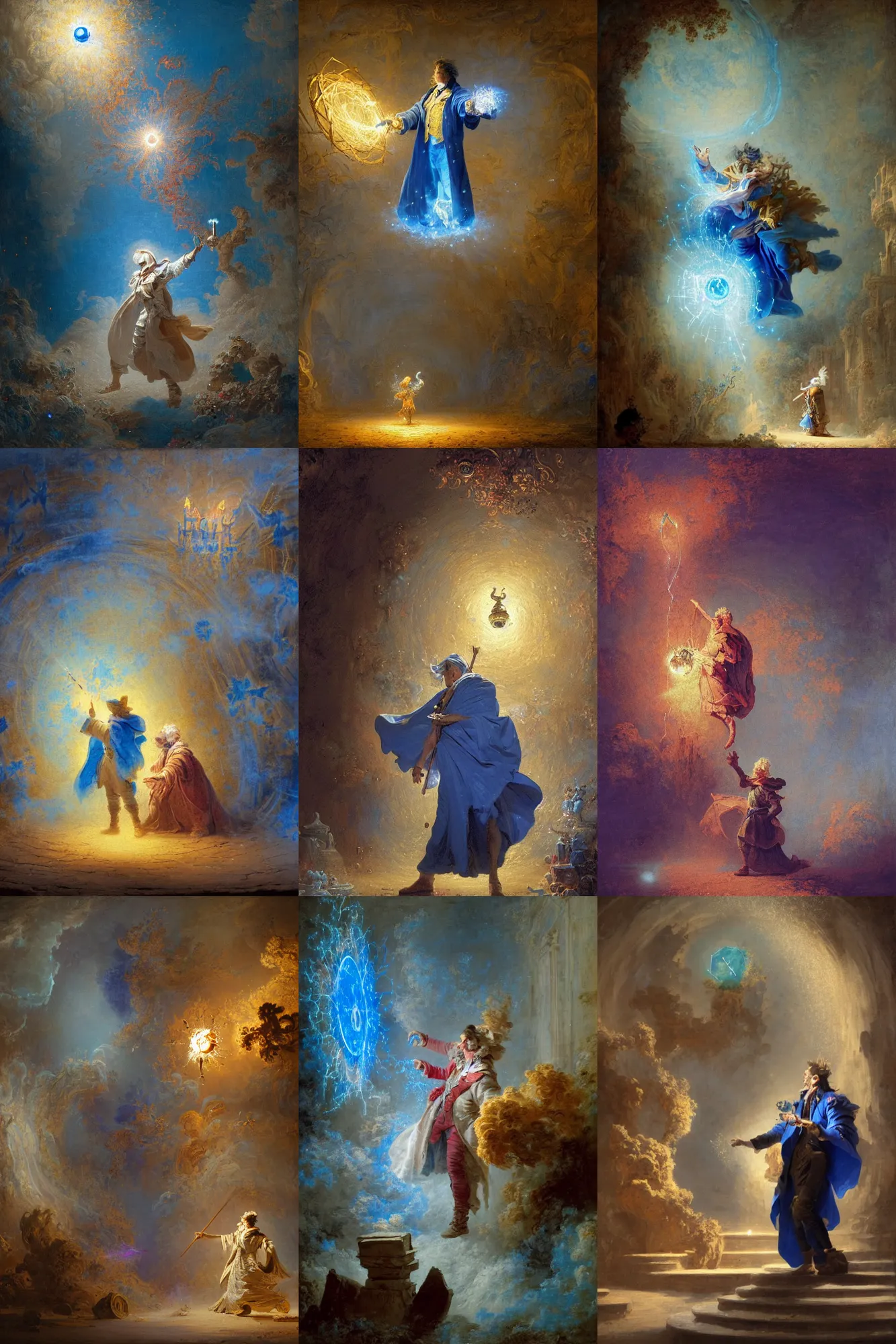 Prompt: a mage casting making a portal with a spell with a blue cape, stars, sincere, modern maximalist suit, is ( ( holding a cane ) ). light dust, magnificent, hyperdetailed, theatrical, painted by jean honore fragonard and greg rutkowski