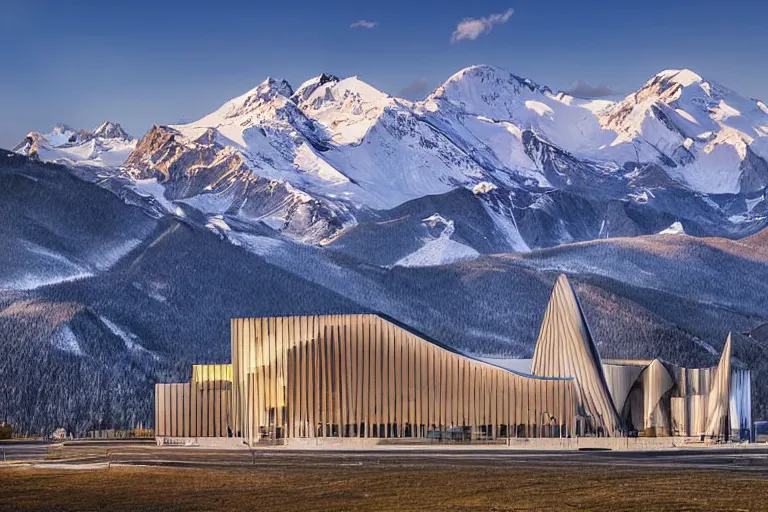 Prompt: architecture photo modern fachwerk opera building settlement with Elbrus mountain on the background, architecture, photorealism 8k , shining and happy atmosphere, uplight, high details