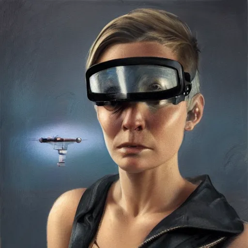 Prompt: square - jawed emotionless serious blonde woman starship engineer, tribal tattoos, handsome, short slicked - back hair, sweating, uncomfortable and anxious, looking distracted and awkward, wearing victorian dark goggles, dirty flight suit and gloves, small spacecraft in background, highly detailed, oil painting, trending on artstation