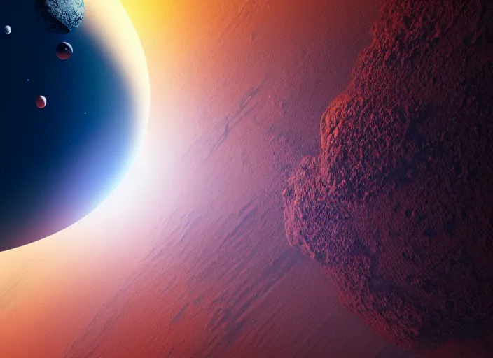 Image similar to a desolate planet orbitting a red star, hyperrealistic, nasa, octane render, 8k, denis villeneuve, realistic, space