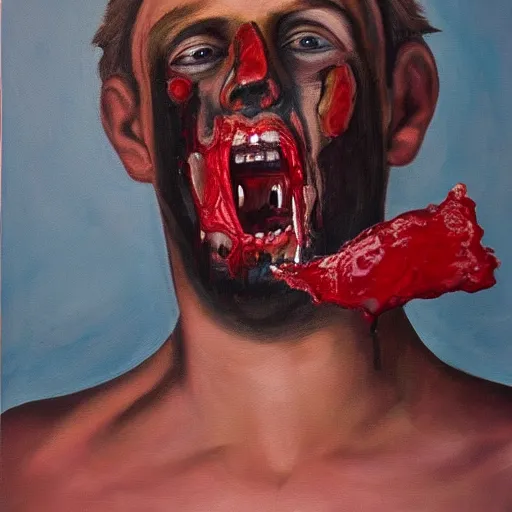 Image similar to a beautiful complex painting of the head view of a man with a bloody mouth looking at the camera