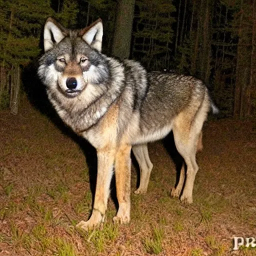 Image similar to trailcam footage of humongous wolf at night