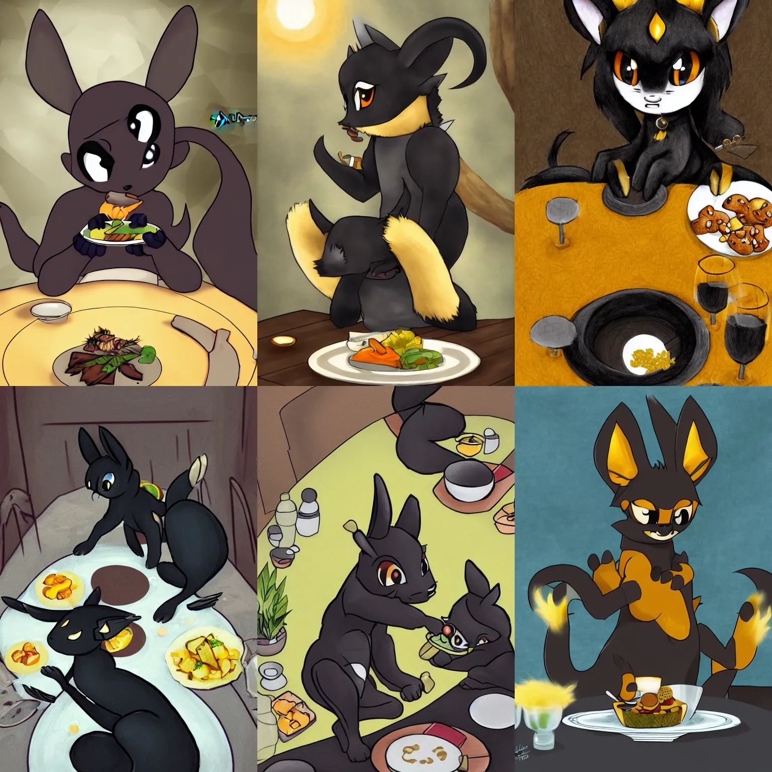 Prompt: umbreon furry character eating dinner at a table happiness is temporary by juliathedragoncat