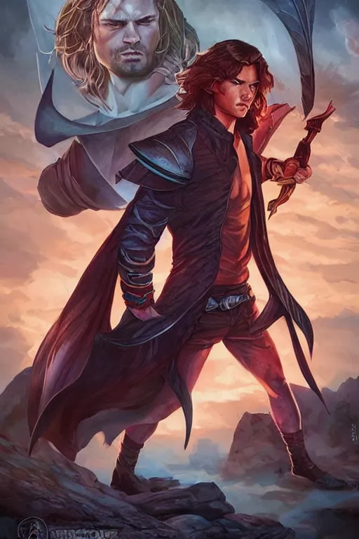 Image similar to muscular sam winchester as a mage in the cover of an acotar book. d & d!, fantasy style, sharp focus!, ultra detailed, art by artgerm, wlop, ilya kuvshinov