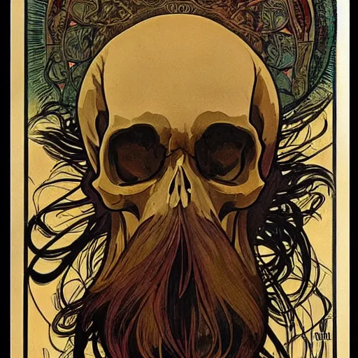 Prompt: bearded skull,poster illustration, art by alphonse mucha