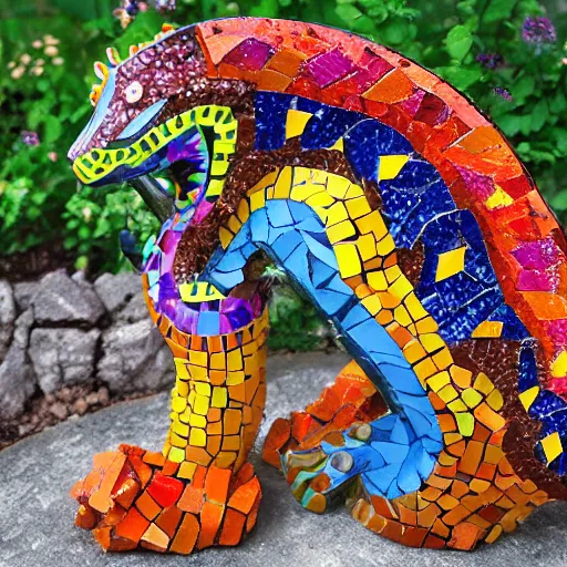 Image similar to mosaic sculpture of a alebrije chimera!!!, irregularly shaped mosaic tiles, pottery shards, in the style of folk art, in a cottagecore flower garden