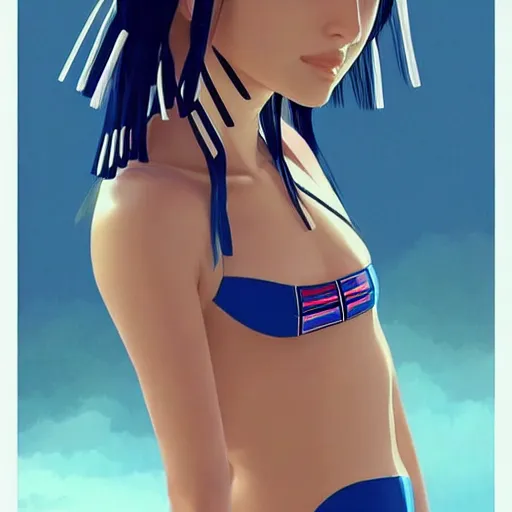Image similar to a beautiful young japanese natalie portman alluring gravure model, stylized concept art, wearing elegant designer bomber jacket and one piece bikini, bomber jacket with mesoamerican patterns, mesoamerican native street fashion, princess mononoke, painted by ilya kuvshinov aesthetic, gorgeous, stunning, alluring, attractive, artstation, pinterest, digital art